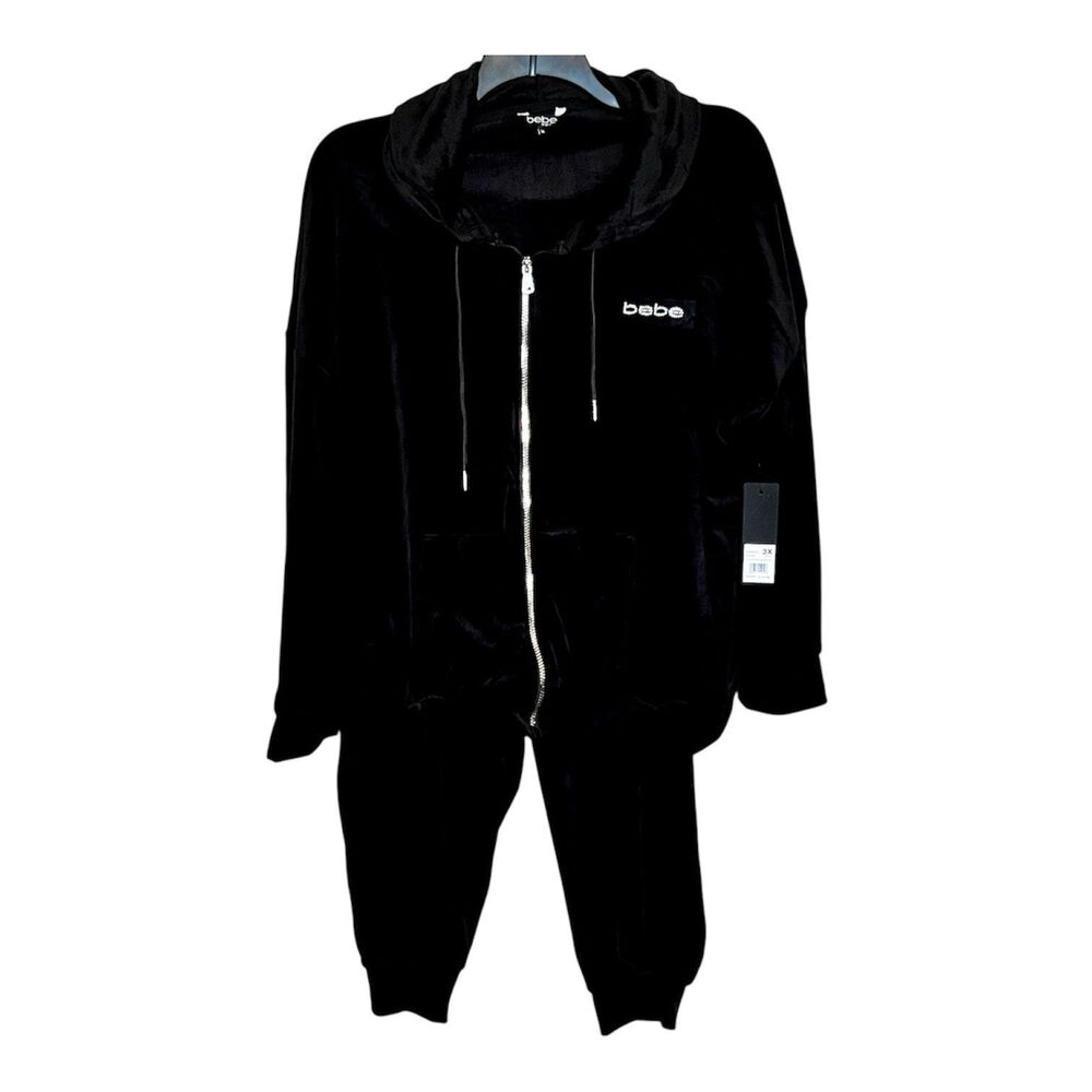 bebe sport Black Velour Hooded Track Suit Size 3X Bling NWT